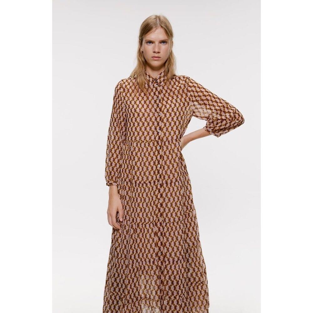 Zara Geometric Print Maxi Dress Sheer Long Sleeve Size Medium Indie Boho Twee - Picture 2 of 9